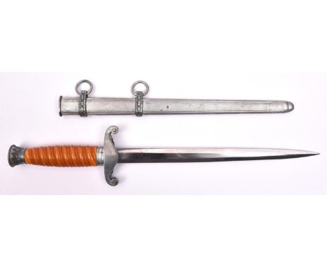 A Third Reich Army officer's dagger, with unmarked blade, grey metal crosspiece and pommel, and orange grip, in its sheath. G