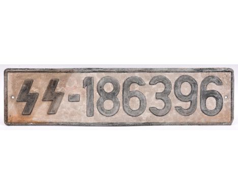 A Third Reich SS vehicle number plate, SS 186396. GC £30-40 
