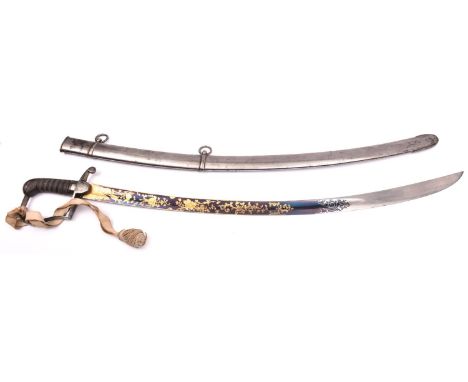 A fine 1796 pattern Light Cavalry officer?s sword, stirrup hilt and with white leather sword knot, curved blade 31?  attracti