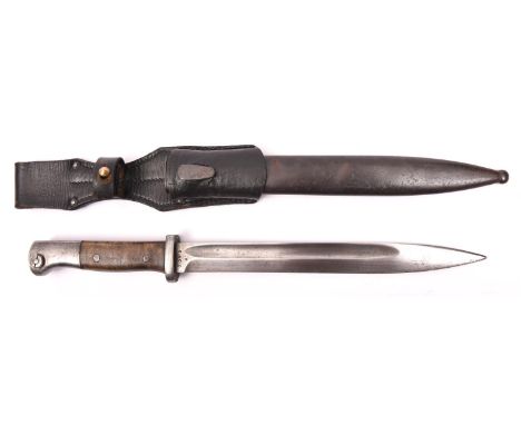 A WWII German K98 bayonet, the blade marked "S/1776" and serial number, with plain wood grips, in its scabbard with leather f