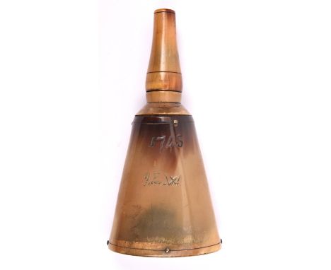 A tapered horn flask, 5¾" overall, with screw off cup measure, the body engraved "1745 J.E.W", with wooden base. GC £30-50 