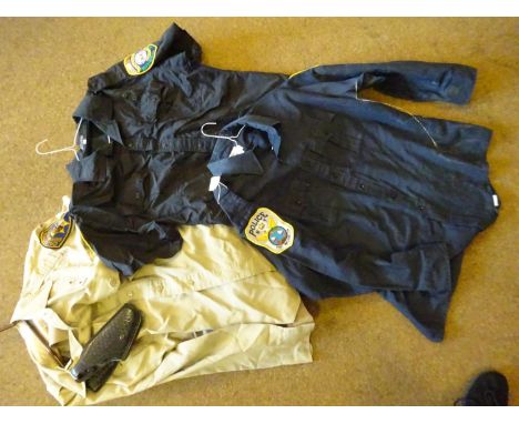 A California Highway Patrol uniform trousers and long sleeve shirt, also black leather pistol holster stamped "CHP"; another 