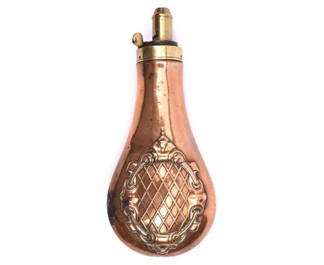 An embossed copper powder flask "Panel" (R514, no rings), 7½" overall, with common top. GC (polished, a few minor dents).  £3