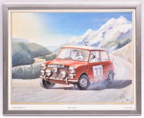 A limited edition framed print 'Home Straight' depicting Paddy Hopkirk and Henry Liddon on their way to victory on the 1964 M