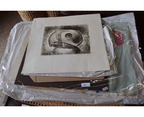 Packet of various unframed pictures to include Bernard Reynolds etching of a parrot head and various others