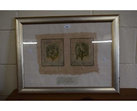Brenda Hartill, limited edition etching of partridge and doves, framed and glazed