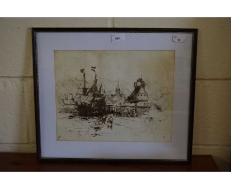 Frank Brangwyn RA RWS RBA (British,1867-1956), Tall mast ship moored on a Belgium coastline, etching, initialed lower right, 