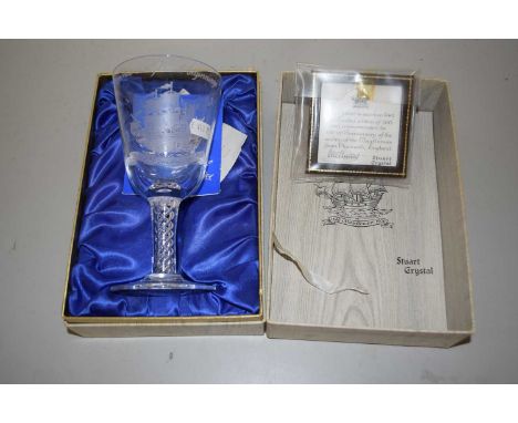 Stuart Crystal goblet to commemorate the Mayflower ship from Plymouth, together with a leather cased Masonic sash