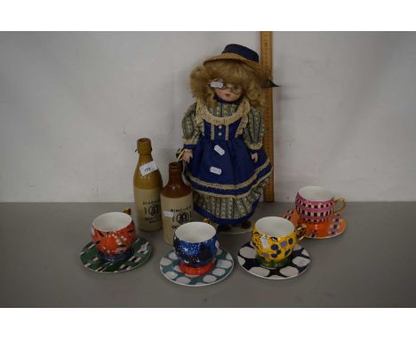 Mixed Lot: Oliver Bonas teacups and saucers, collectors doll and vintage bottles