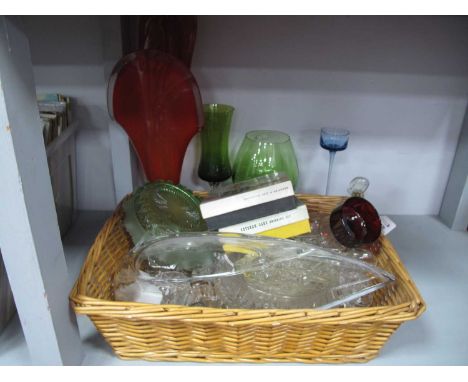 A Large Red Glass Vase 56cm tall, blue glass candlestick, green glass vases, boxed tots, other glassware.