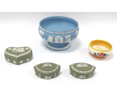 Clarice Cliff 'Bizarre Crocus' Bowl, 12.5cm diameter. Wedgwood powder blue jasper pedestal bowl, and three trinket boxes in g
