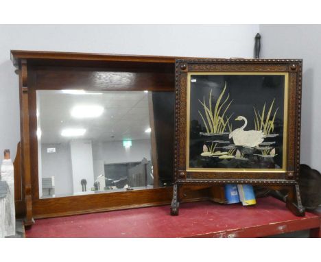 An Early XX Century Oak Overmantle Mirror, approx. 114cm wide plus a firescreen. (2)
