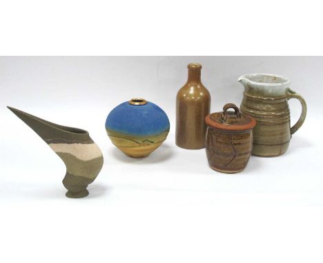 Studio Pottery Jug 17.5cm tall, seal mark under handle, 'MKM' bottle vase, swallow stamped vase wth extended pointed rim, bow