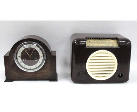 Oak Dome Topped Mantle Clock. Bush Bakelite cased radio AC91, channel panel cracked.