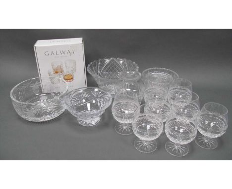 Waterford Crystal Powder Bowl and Cover, bowl (boxed), Galway Crystal brandy glasses and boxed whiskey glasses:- One Tray and
