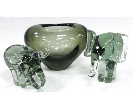 Holmegaard Green Heart Shaped Glass Vase '15920',18.5cm wide, similar elephant and buffalo. (3).