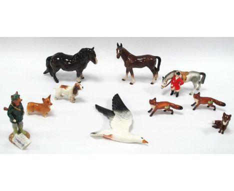A Beswick Pottery Seagull Wall Hanging, four Beswick foxes, Huntsman Fox and one dog, a Royal Doulton Shetland pony and two o