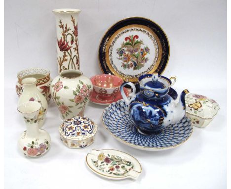 Zsolnay Pecs Floral Lustre Decorated Vases, Russian Pottery Teapots, Aynsley cabinet cups and saucers:- One Tray.No chips or 