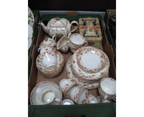 Cowan Pottery 'Olive' Tea Ware of approximately thirty-four pieces, Carlton butter dish, Sadler three-piece tea service:- One
