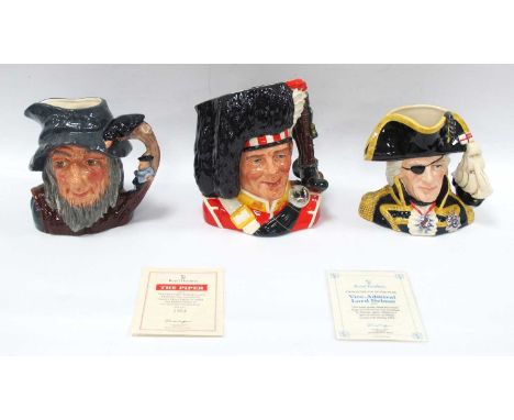 Royal Doulton character jugs to include 'The Piper' limited edition 1923/2500, approx. 21cm high, 'Vice-Admiral Lord Nelson' 