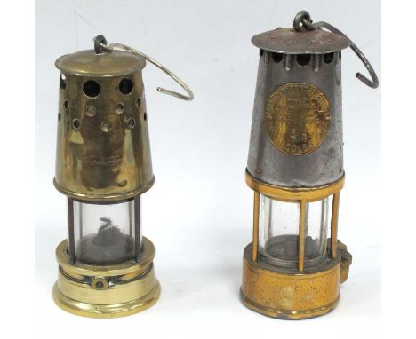 Eccles Type SL brass miners lamp tampted 66 approx. 25cm high to handle together with another example engraved G.W.D.. (2)