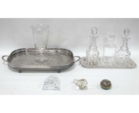 Sheffield made silver plated tray on claw feet, another smaller, three glass decanters with stoppers, an etched celery vase e