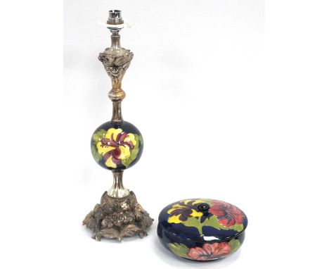 A Moorcroft Pottery Powder Bowl and Cover, of circular form, painted in the 'Hibiscus' pattern with yellow and red flowers ag