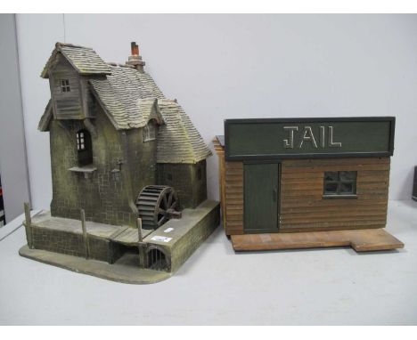 Wooden Model of Jail, 41cm, with fixtures and figures, a similar waterwheel (2).