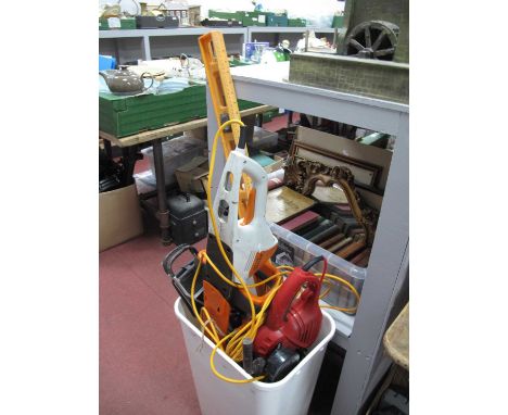 Shooting Stick, 4-foot spirit level, Stihl HSE 52 and Sovereign hedge cutters, saws, other tools (untested, sold for parts on