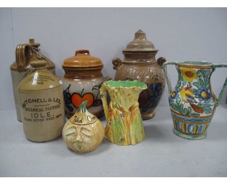 German Rumtopf Jar and Lid, another similar, two stone flagons (one Damaged), Burleigh art deco rabbit in a field jug, two ha