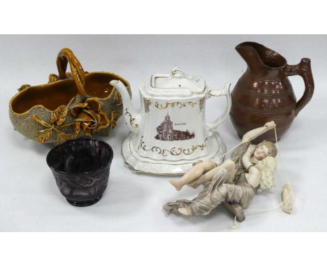 Slag Glass Vase, Keyworth church teapot and stand, salt glaze jug, basket:- One Tray.