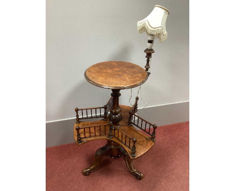 XIX Century Walnut Lamp Table With Circular Top, triform central shelves with display spindle gallery, on carved tripod legs,
