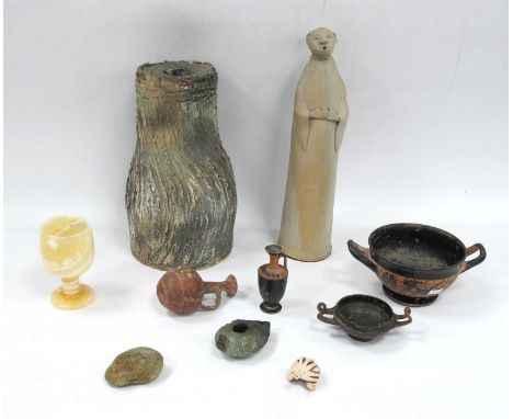 Studio Pottery Table Lamp of Naturalistic Form 29cm tall, figure of a monk, terracotta artefacts, etc:- One Tray.
