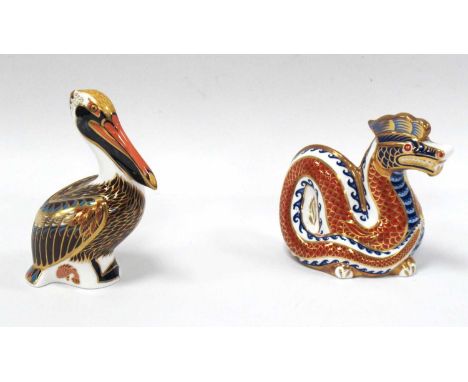 Royal Crown Derby Paperweights - Pelican and Dragon, both second quality (2).