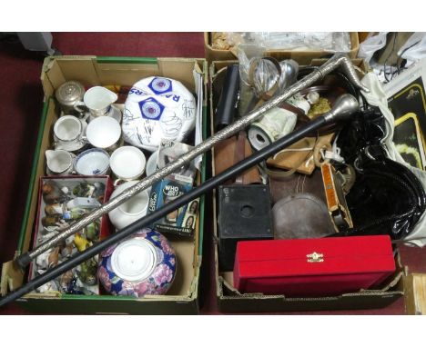 A Collection of Goebel Birds, two walking sticks one with plated body the other with silver plated ball to top, Oriental lidd