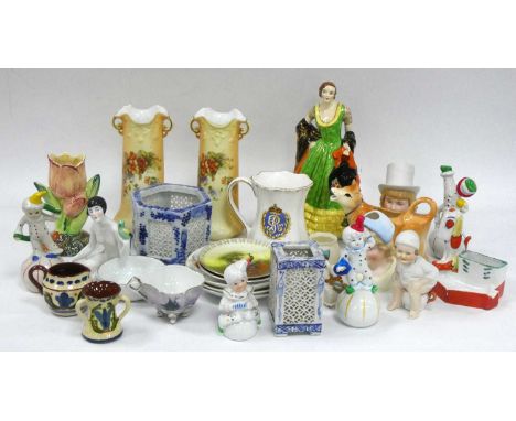 XIX Century Bisque Hat Pin Holders, cow creamer, Tuscan China figurine of Kathleen (d), etc:- One Tray.Multiple glue repairs 