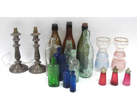 Walker Hall Sheffield Glass Bottle, XIX Century bottles, XIX Century codd bottle, blue glass poison bottles, pair of plated c