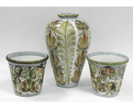 Bourne Denby, Glyn Colledge Ovoid Shaped Vase, 33cm high and two bucket planters (3).