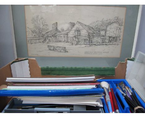 Yvonne Winkfield 1973 Pen and Ink Picture of Abbeydale Industrial Hamlet, Sheffield, together with artists' brushes, A4 sketc
