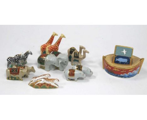 A Royal Crown Derby Porcelain Model of Noah's Ark, printed mark, date code for 2001, no stopper and seven pairs of animals to