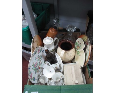 Devon Jug, decanters, Wade cheese dish, Royal Albert, Royal Doulton and other ceramics:- One Box.