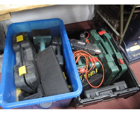 Drills, sander, saws, many other tools (untested, sold for parts only):- Two Boxes.