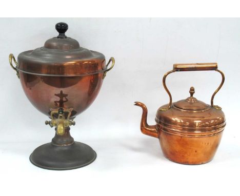 English Copper Tea Urn with Brass Tap and Ebonised Final to Lid, 37cm tall, copper kettle (2).