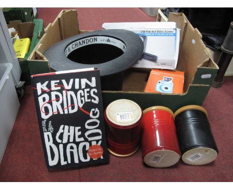 Le Creuset three lidded storage jars two red one black, Moet and Chandon ice bucket in the form of a tophat, Kevin Bridges th