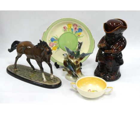 Clarice Cliff "Crocus" Pattern Plate, Royal Doulton 'The Winner' horse separated from base, treacle glaze Toby Jug etc:- One 