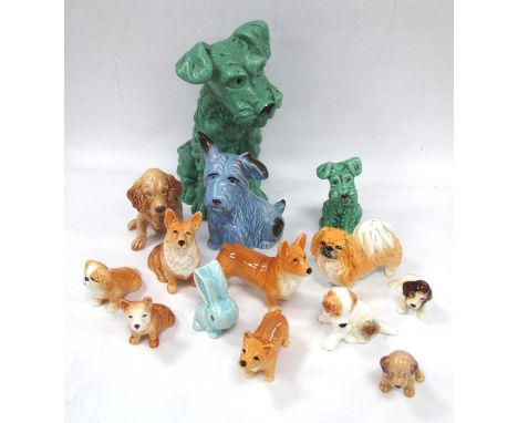 Sylvac Pottery Figures of a Terrier Dog, spaniel, corgi dog etc:- One Tray.Large green dog with glue repair to eat the other 