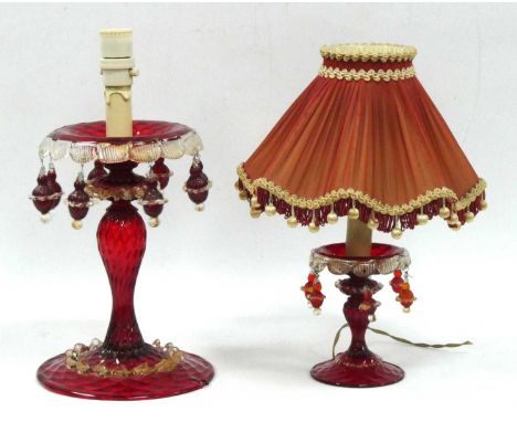 Two Venetian Ruby Glass Table Lamps with Lantern Drops and Clear Frill Bands, the tallest excluding fittings is 26.5cm (2).Bo