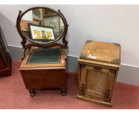 Early XX Century Oak Purdonium, with brass pierced mounts, panelled fall front, plinth base. XIX Century Mahogany commode and