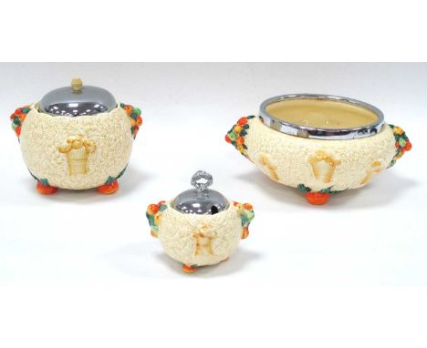 Clarice Cliff "Celtic Harvest" Bowl, with a plated rim, preserve pot, and a Barbola Harvest ware biscuit barrel.