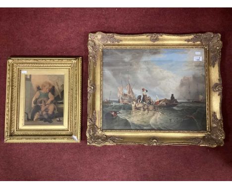 After Clarkson Stanfield 'A Market Boat on The Scheldt' colour print 39.5 x 49.5cm. After Perrault, a cat seizing an opportun